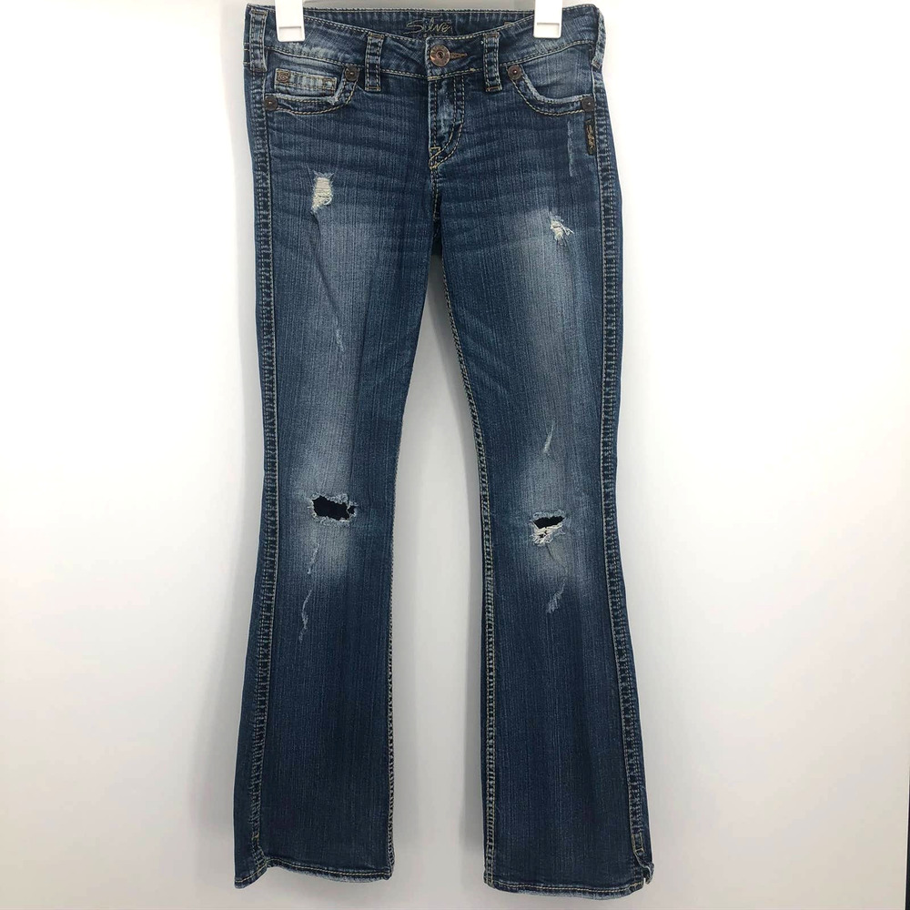 Silver Jeans Womens 27 Twisted Bootcut Distressed Denim Whiskered Blue